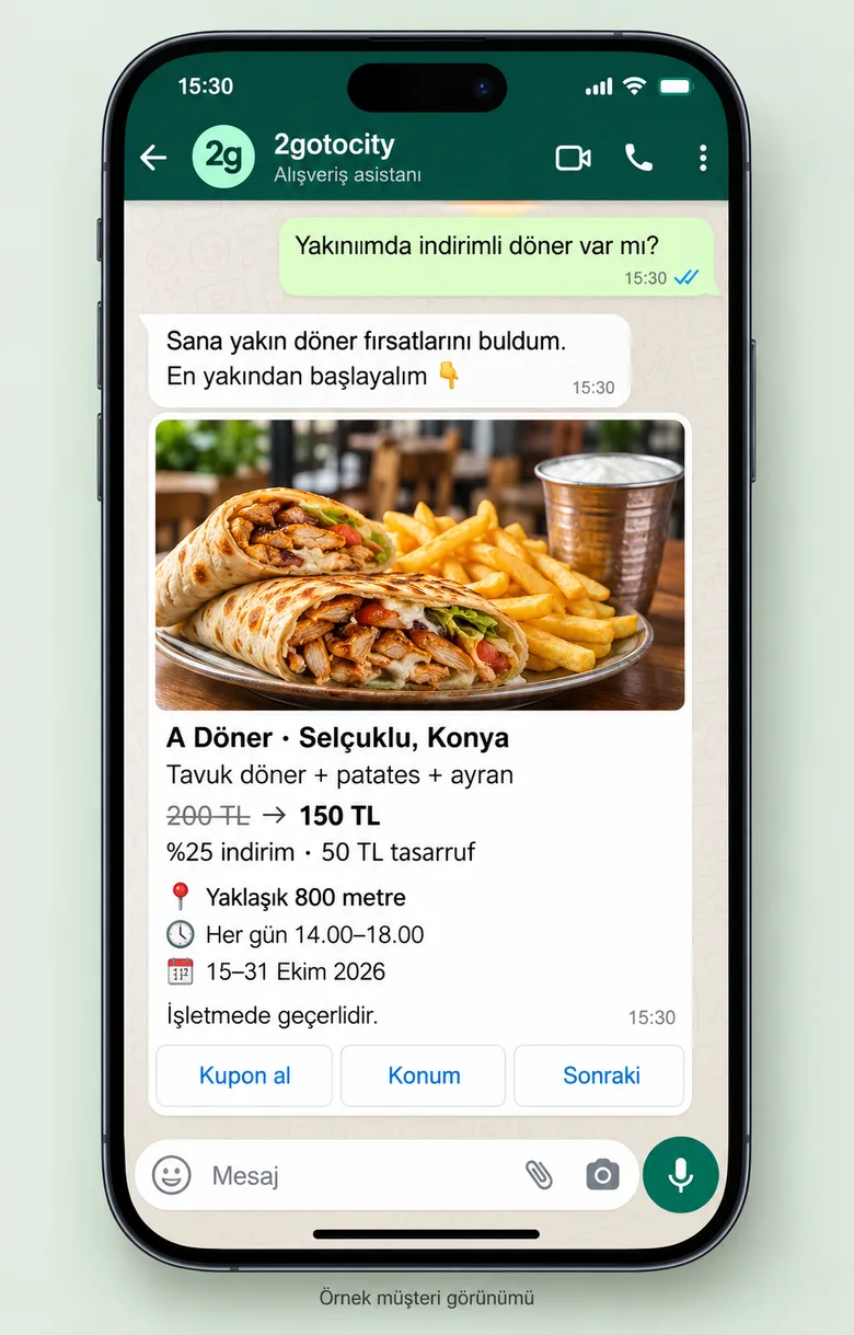 2gotocity WhatsApp asistanında döner menüsü için fotoğraflı, fiyat ve mesafe bilgili örnek fırsat kartı